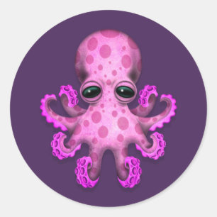 Cute Pink Baby Octopus on Purple Classic Round Sticker