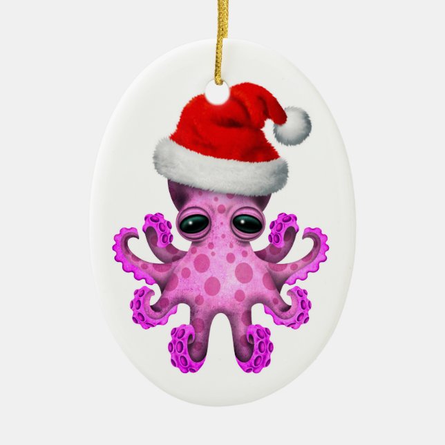 Cute Pink Baby Octopus Wearing Santa Hat White Ceramic Ornament (Front)