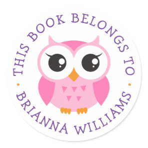 Cute pink baby owl bookplate sticker