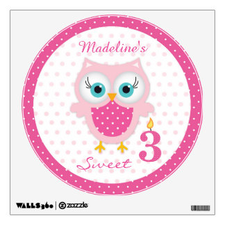Cute pink baby owl girl 3rd Birthday Wall Decal