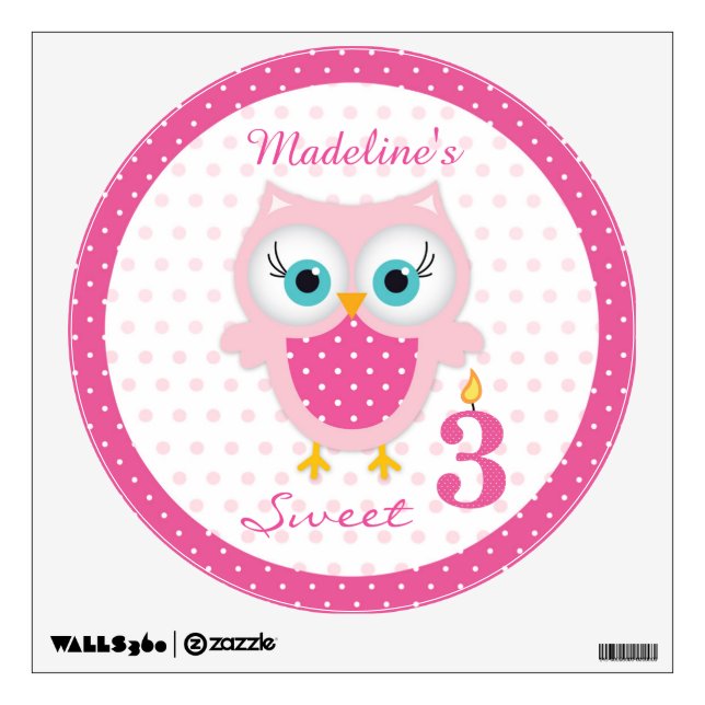 Cute pink baby owl girl 3rd Birthday Wall Decal (Front)