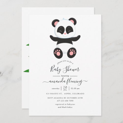 Cute Pink Baby Panda Girl Baby Shower Invitation