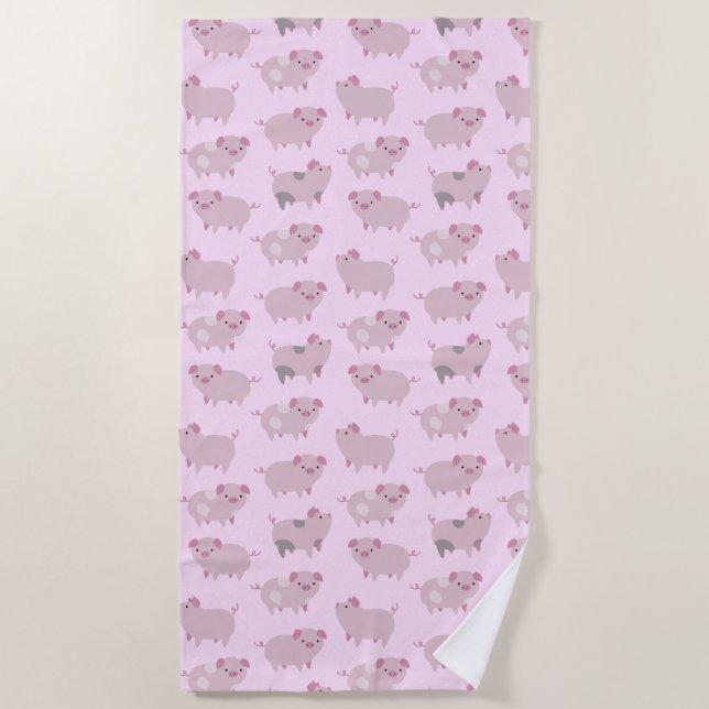 Cute Pink Baby Piglets Pattern & Dots Beach Towel (Front)
