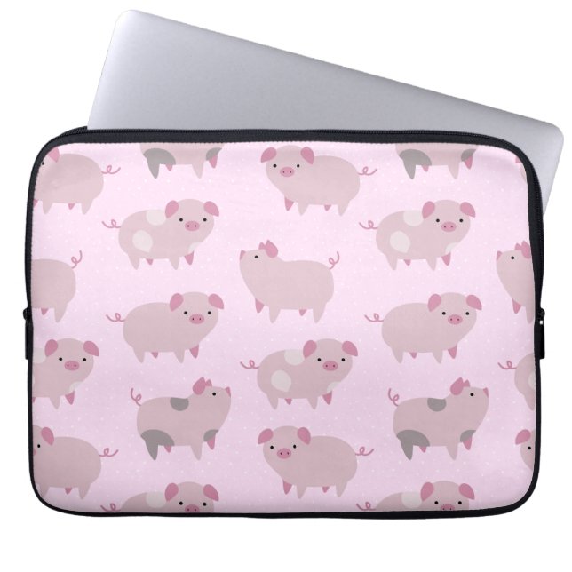Cute Pink Baby Piglets Pattern & Dots Laptop Sleeve (Front)