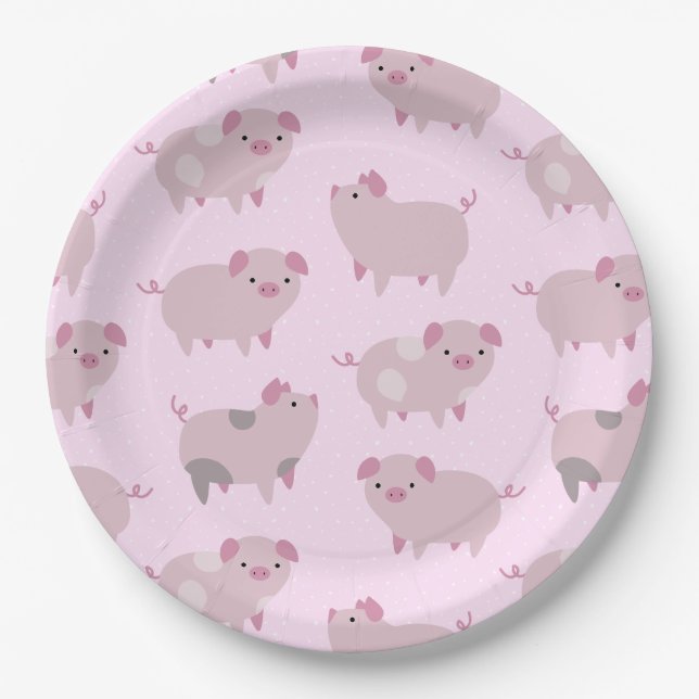 Cute Pink Baby Piglets Pattern & Dots Paper Plates (Front)