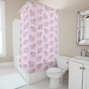 Cute Pink Baby Piglets Pattern & Dots Shower Curtain