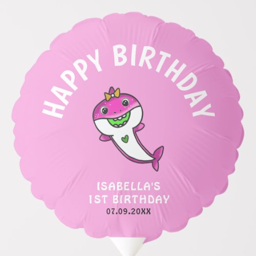 Cute Pink Baby Shark Baby Girl 1st Birthday   Balloon