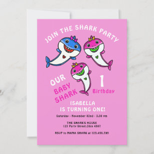 Cute Pink Baby Shark Baby Girl 1st Birthday Invitation