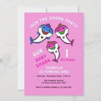 Cute Pink Baby Shark Baby Girl 1st Birthday Invitation by semas87 at Zazzle