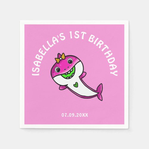 Cute Pink Baby Shark Baby Girl 1st Birthday   Napkins