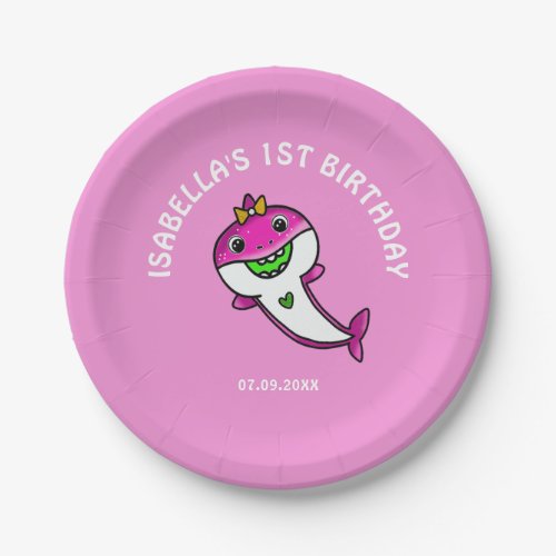 Cute Pink Baby Shark Baby Girl 1st Birthday   Paper Plates