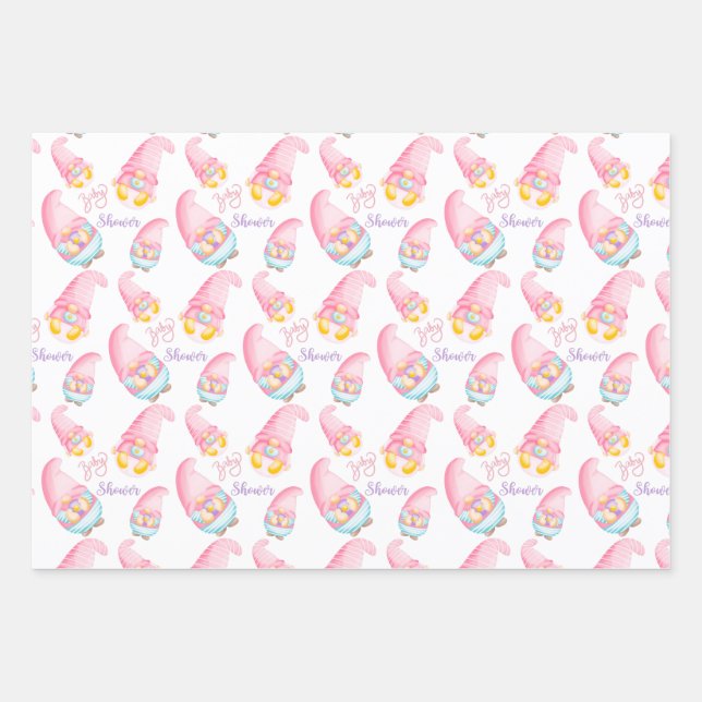 Cute Pink Baby Shower Gnomes  Wrapping Paper Sheets (Front)