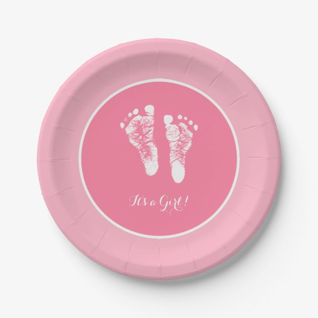 Cute Pink Baby Shower Newborn Girl Footprint Paper Plates (Front)