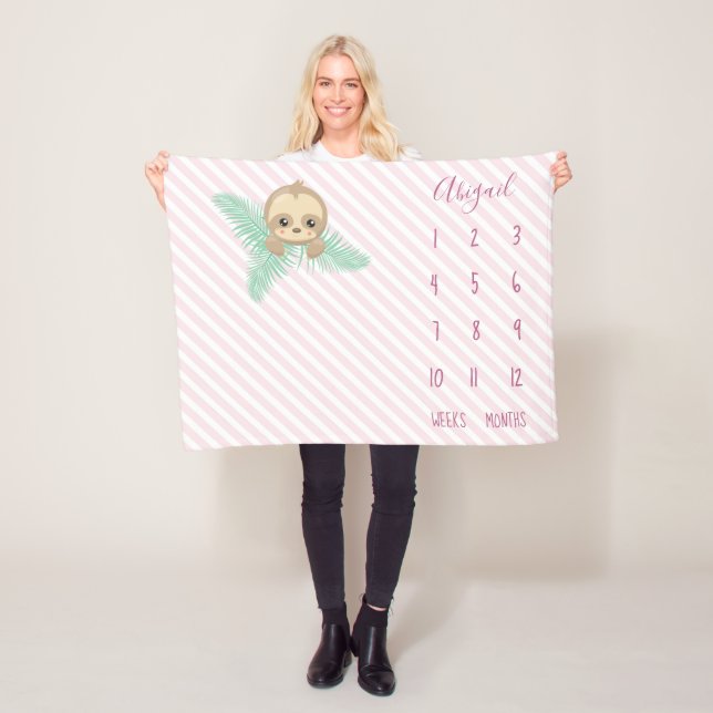 Cute Pink Baby Sloth Baby Milestone Fleece Blanket (In Situ)