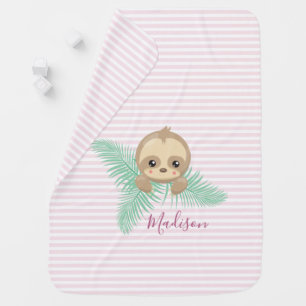 Cute Pink Baby Sloth Baby Monogram Baby Blanket