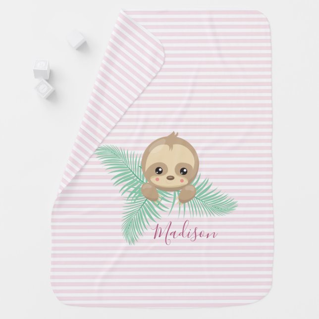 Cute Pink Baby Sloth Baby Monogram Baby Blanket (In Situ)