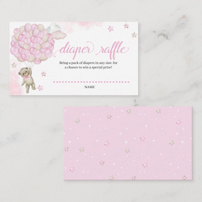 Cute Pink Baby Teddy Bear Balloons Diaper Raffle Enclosure Card (Front/Back)