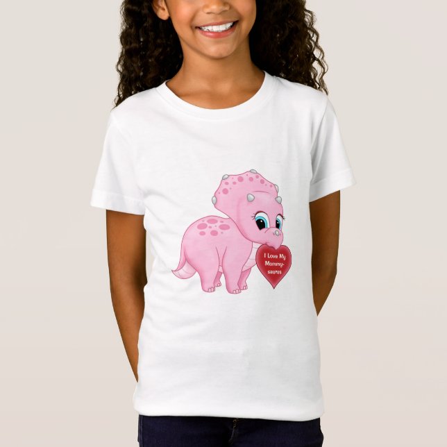 Cute Pink Baby Triceratops Love My Mommy Heart T-Shirt (Front)