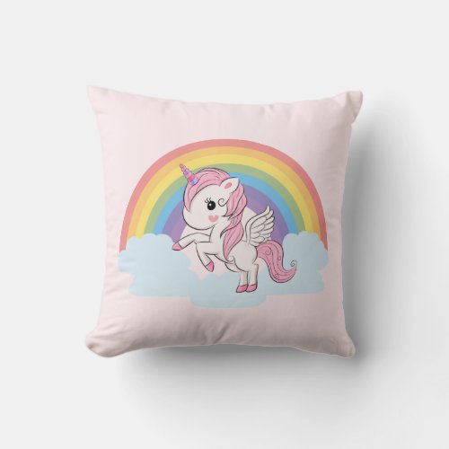 Cute Pink Baby Unicorn and Rainbow Throw Pillow