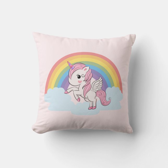 Cute Pink Baby Unicorn and Rainbow Throw Pillow (Front)