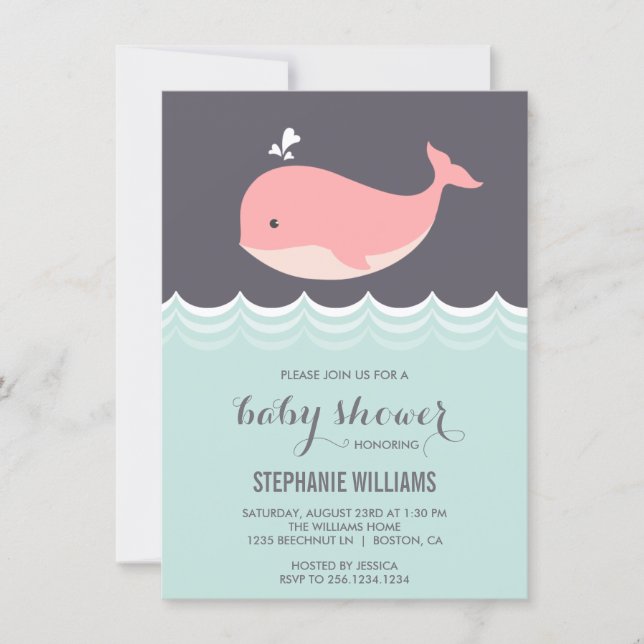 Cute Pink Baby Whale Baby Shower Invitations (Front)