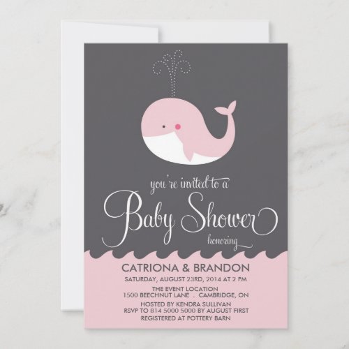 Cute Pink Baby Whale Baby Shower Invitations