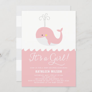 Cute Pink Baby Whale It's a Girl Baby Shower Invitation