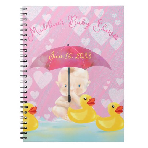 Cute Pink Baby Yellow Ducky Umbrella Baby Shower Notebook
