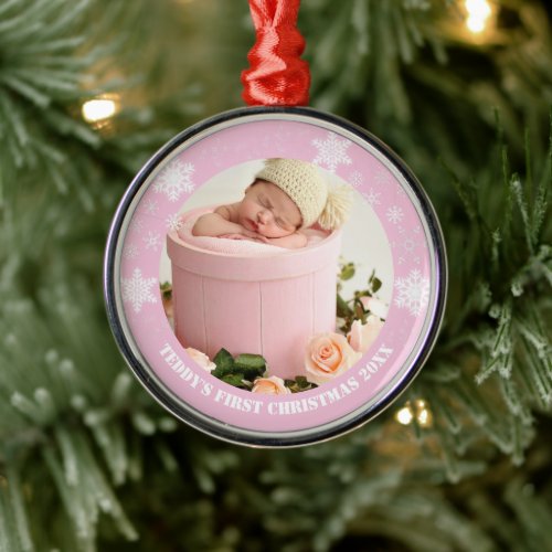 Cute pink babys first christmas  metal ornament