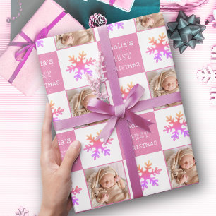 Cute Pink Baby's first Christmas Snowflake Photo Wrapping Paper