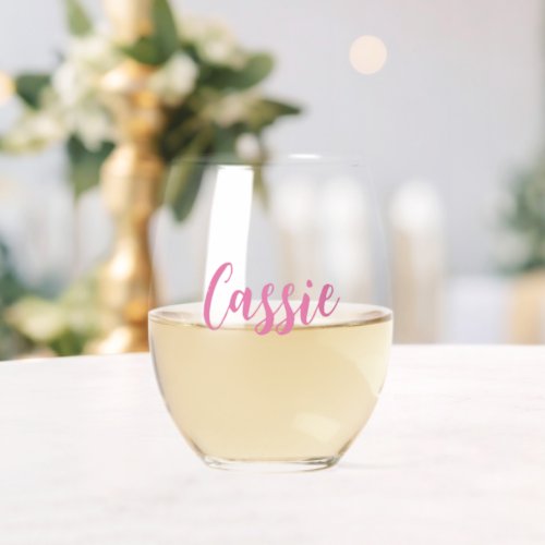 Cute Pink Bachelorette Bridal Party Monogram Name Stemless Wine Glass