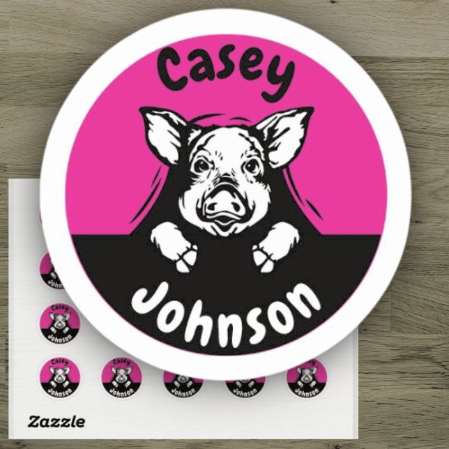 Cute Pink Back to School Peeking Pig Name Classic Round Sticker (Creator Uploaded)