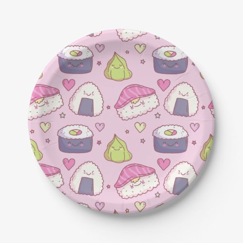 Cute Pink Background Sushi Kawaii Party Paper Plates