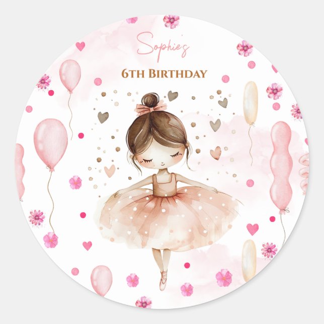 Cute pink ballerina and balloons birthday classic round sticker (Front)