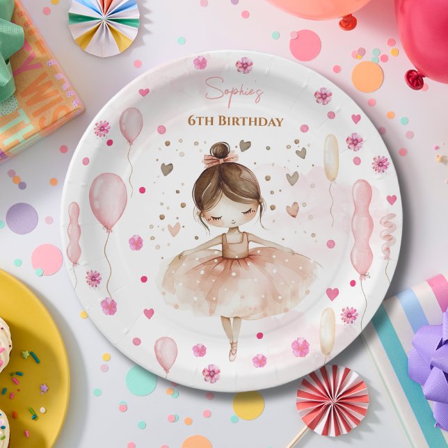 Cute pink ballerina and balloons birthday paper plates (Creator Uploaded)