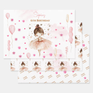 Cute pink ballerina and balloons birthday wrapping paper sheets