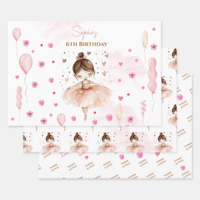 Cute pink ballerina and balloons birthday wrapping paper sheets (Set)