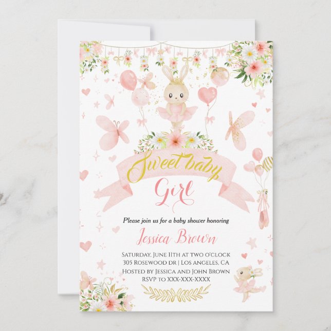 Cute pink Ballerina baby shower invitation (Front)