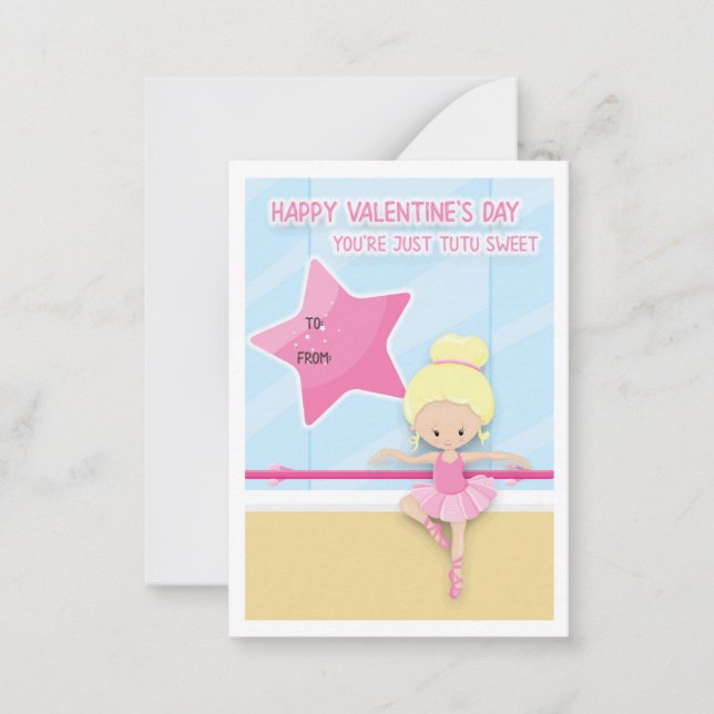 Cute Pink Ballerina / Ballet Valentine's Day Class Note Card (Front)