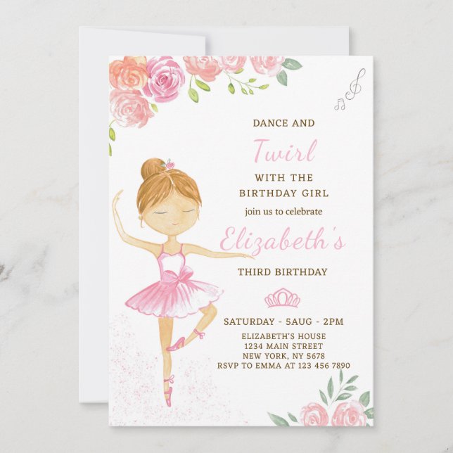 Cute Pink Ballerina Birthday Invitation (Front)