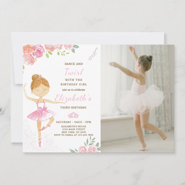 Cute Pink Ballerina Birthday Invitation With Photo (Front)