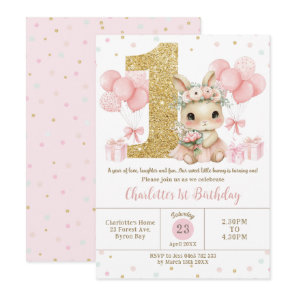 Cute Pink Ballerina Bunny Rabbit 1st Birthday One Invitation