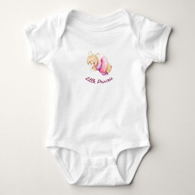 Cute Pink Ballerina Corgi Puppy Dog Girls Bodysuit (Front)
