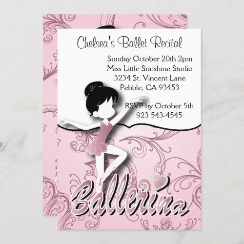 Cute Pink Ballerina Girl  Ballet Dance Recital Invitation