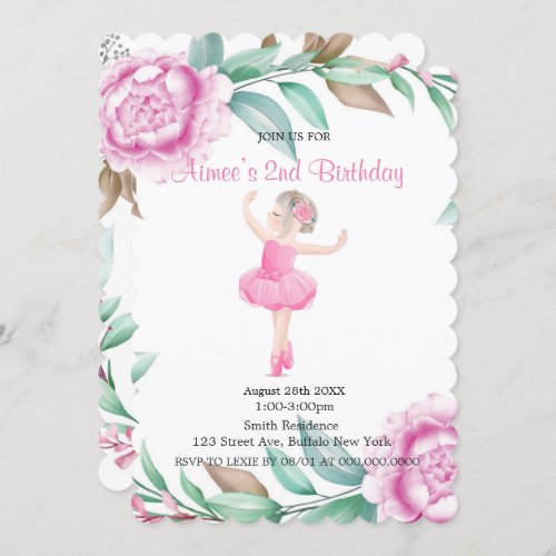 Cute Pink Ballerina Peony Birthday Invitations 