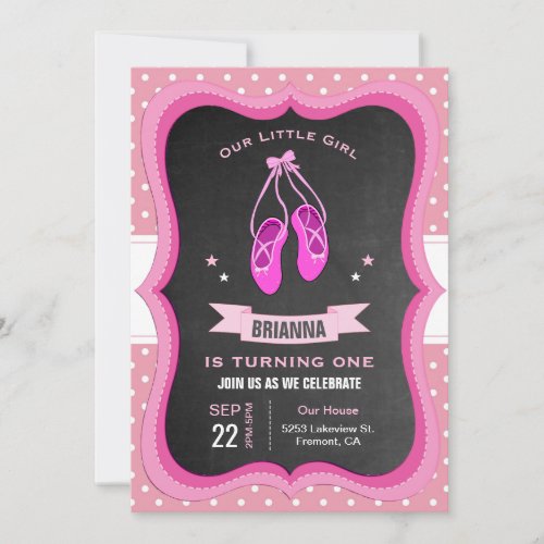 Cute Pink Ballerina Shoes First 1st Birthday Party Invitation