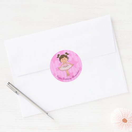 Cute Pink Ballerina Stars and Stripes Birthday Classic Round Sticker