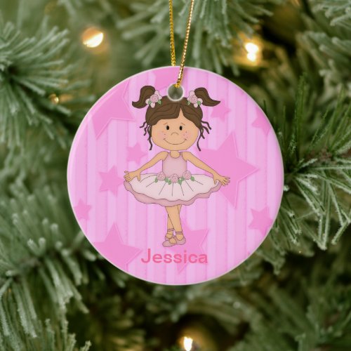 Cute Pink Ballerina Stars and Stripes Ceramic Ornament