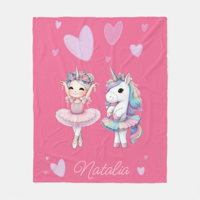 Cute Pink Ballerina Unicorn Fleece Blanket (Front)