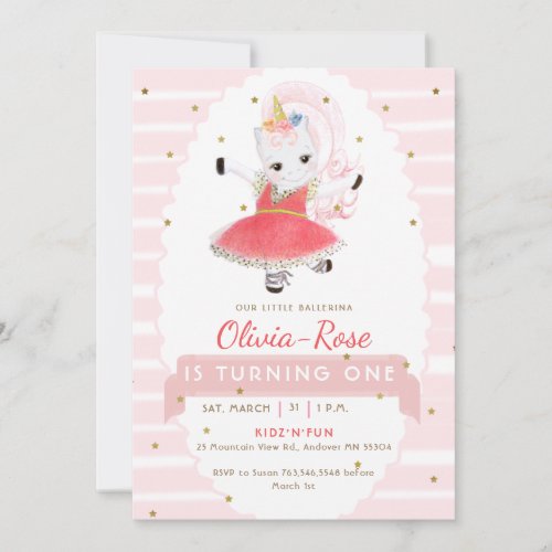 Cute Pink Ballerina Unicorn Glitter Girl Birthday Invitation